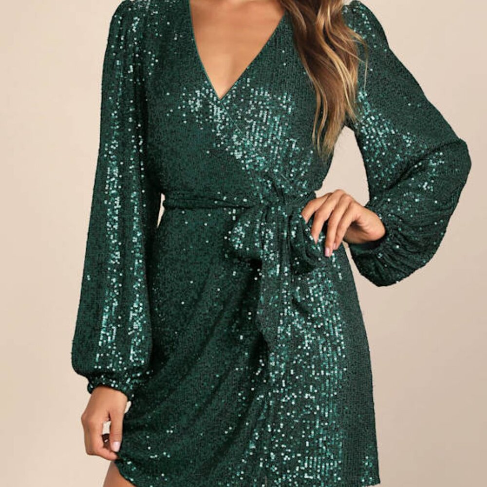 Lulus Sparkly Darling Emerald Green Sequin Long Sleeve Wrap Dress - Size XL